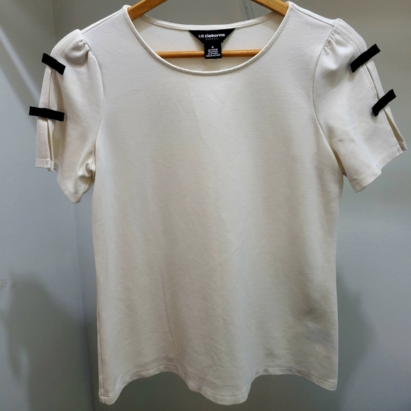 Liz Claiborne Career Women's Off-White Blouse with Black Bows & Slits - Size S - Picture 1 of 7